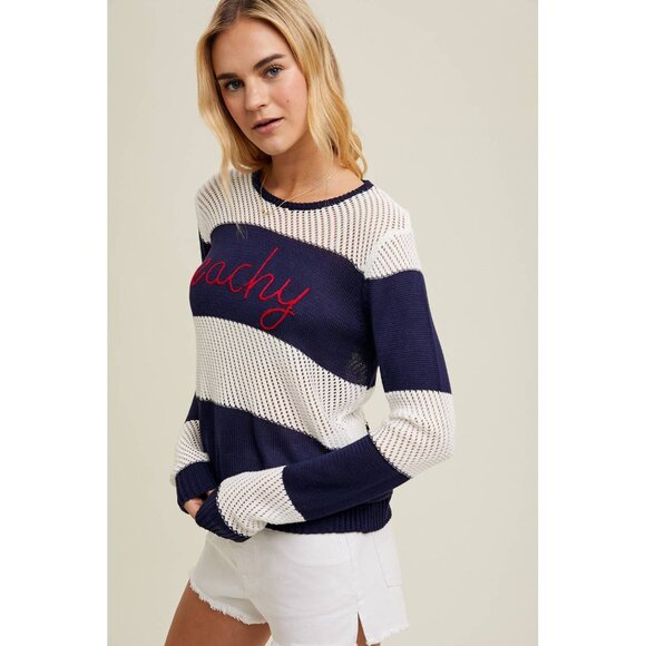 NWT WISHLIST Navy/Off White Beachy Embroidered Striped Sheer Top Top Size Medium - Picture 2 of 3